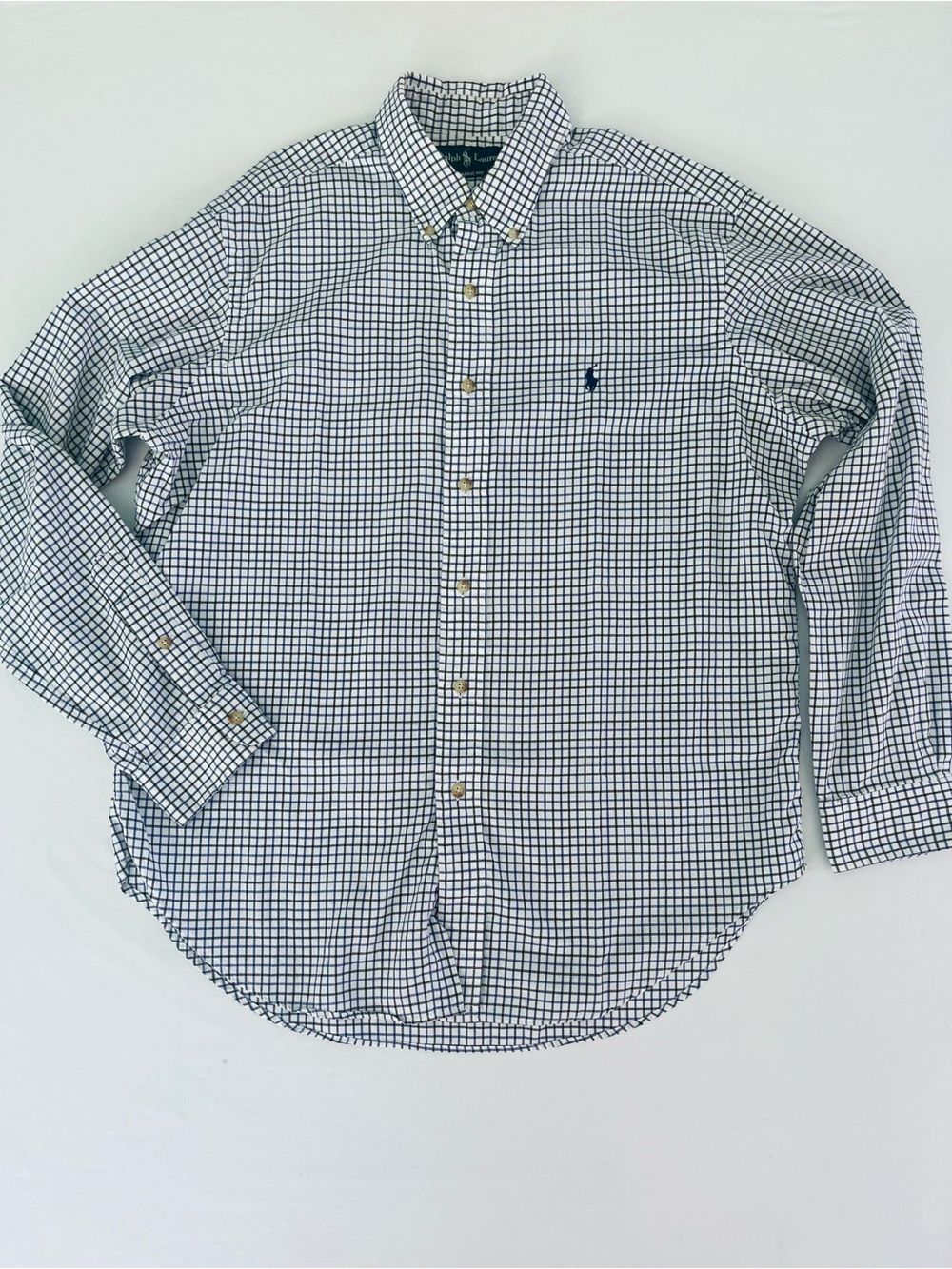 Ralph Lauren Men Classic Fit Blue Plaid Button Down Navy Pony Logo Shirt Size L